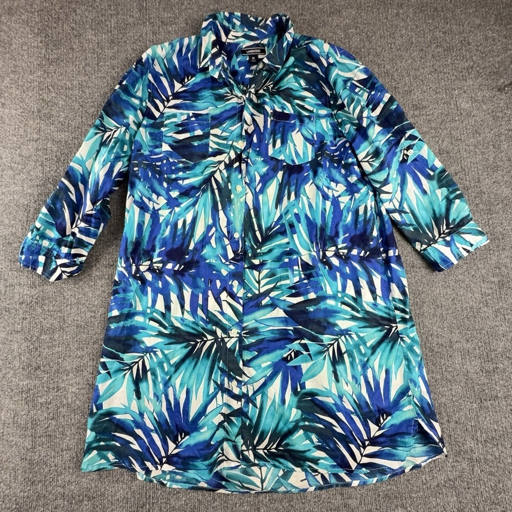 Lands' End Womens Medium Blue Tropical Shirt Dress 3/4 Sleeve Pockets Summer